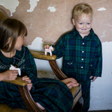 Lilly Parr Pyjamas Black Watch Tartan With Golden Coin Hand Smocking