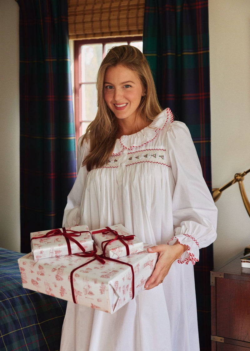 Samantha Varvel x Smock London Women's Nightingale Dress Moonstone White with Candy Cane Trim and Holly Hand Smocking