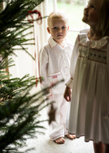 Samantha Varvel x Smock London Lilly Parr Pyjamas Moonstone White with Candy Cane Trim and Hand Smocking