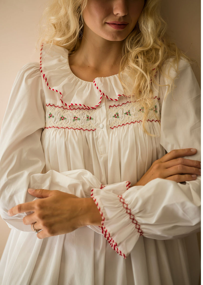 Samantha Varvel x Smock London Women's Nightingale Dress Moonstone White with Candy Cane Trim and Holly Hand Smocking