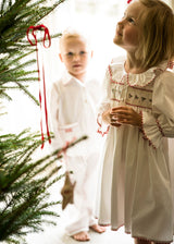 Samantha Varvel x Smock London Nightingale Girls Dress Moonstone White with Candy Cane Trim and Holly Hand Smocking