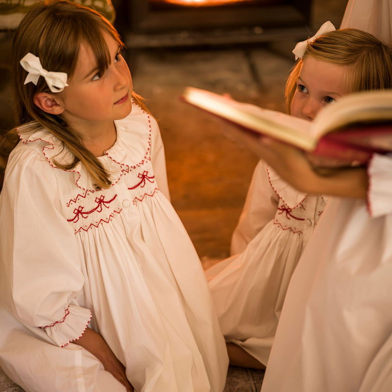 Nightingale Girls Dress Moonstone with Scarlet Bows Hand Smocking