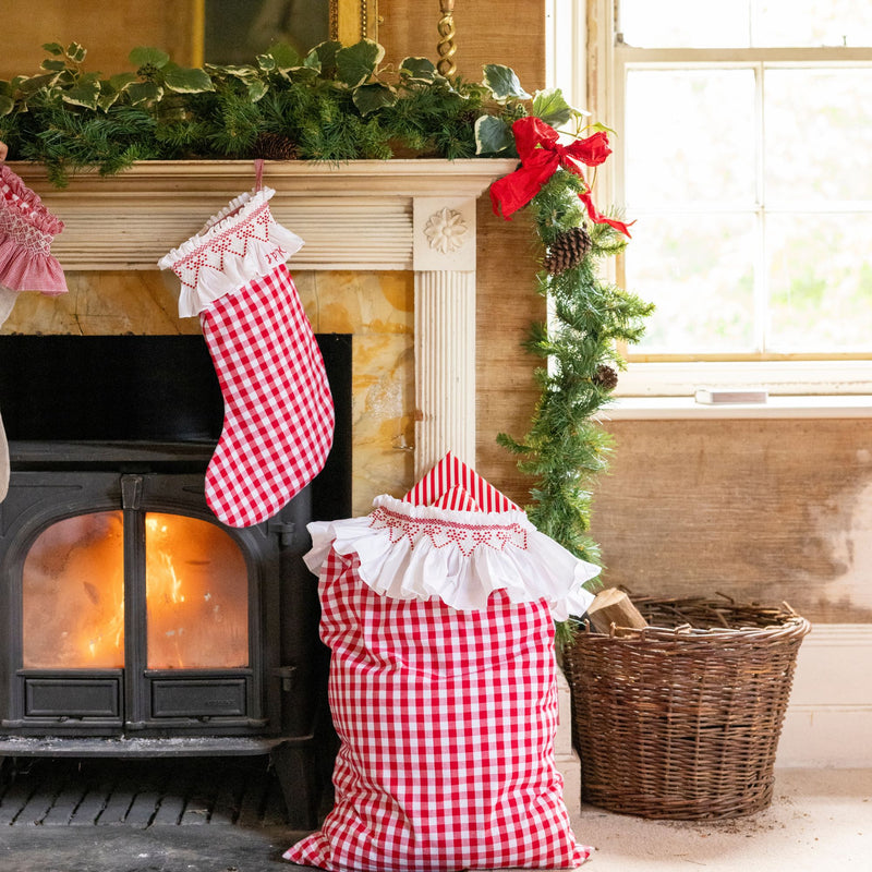 Edit58 x Smock London Red Gingham Sack with Crimson Ribbon Hand Smocking