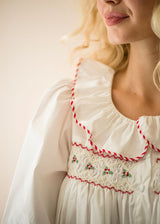 Samantha Varvel x Smock London Women's Nightingale Dress Moonstone White with Candy Cane Trim and Holly Hand Smocking