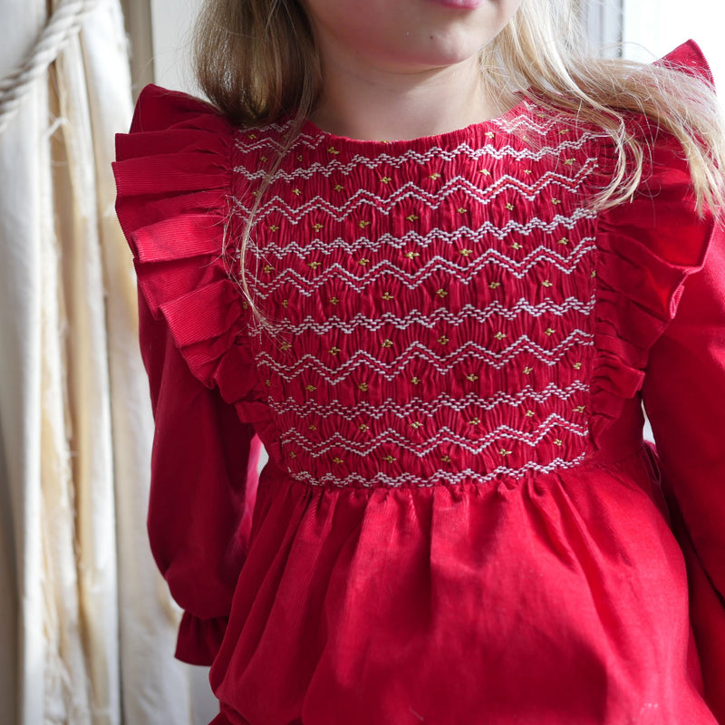 1-2, 2-3 & 3-4y Anna Pavlova Dress Scarlett Needlecord with Golden Gal Smocking