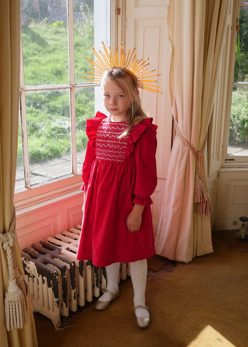 1-2, 2-3 & 3-4y Anna Pavlova Dress Scarlett Needlecord with Golden Gal Smocking