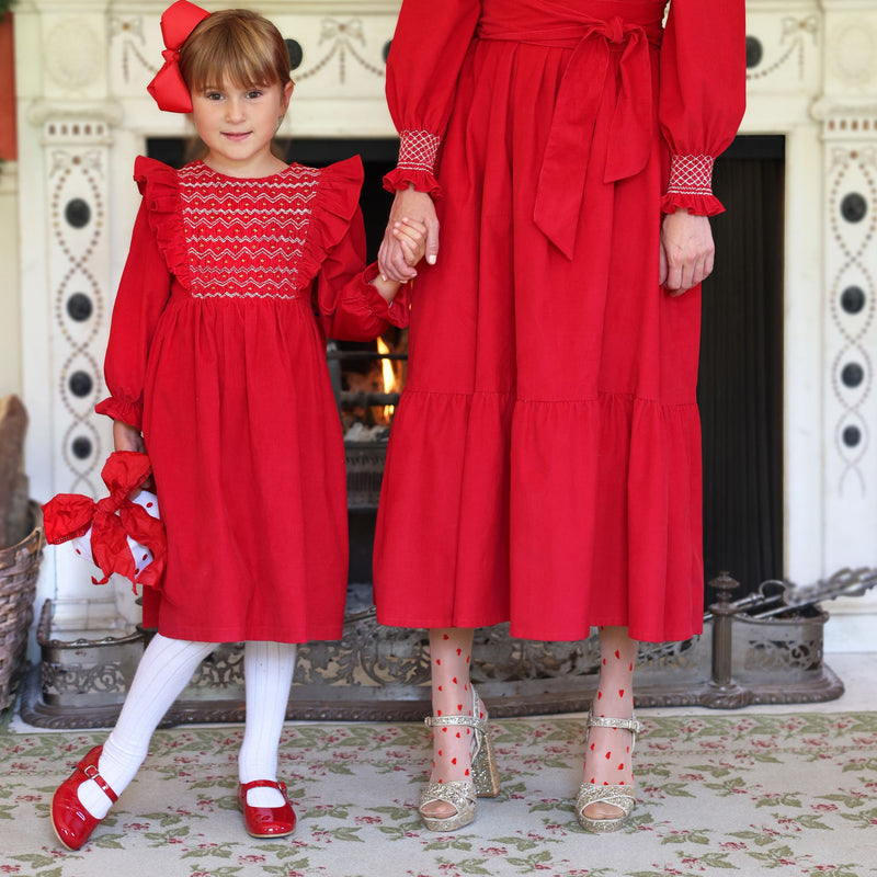 1-2, 2-3 & 3-4y Anna Pavlova Dress Scarlett Needlecord with Golden Gal Smocking