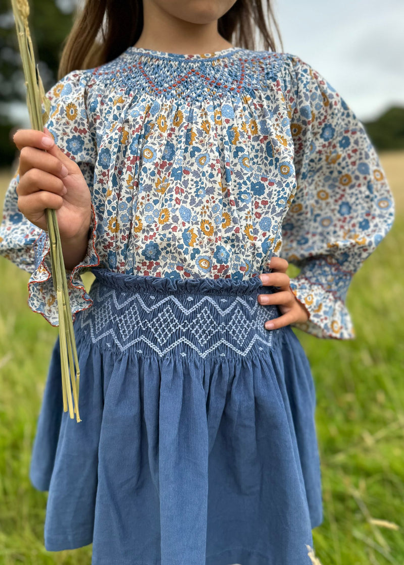 2-3 & 3-4y Annie Sullivan Skirt Cornflower Needlecord with Blue Jean Baby Hand Smocking