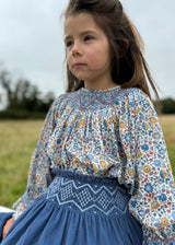 2-3 & 3-4y Annie Sullivan Skirt Cornflower Needlecord with Blue Jean Baby Hand Smocking