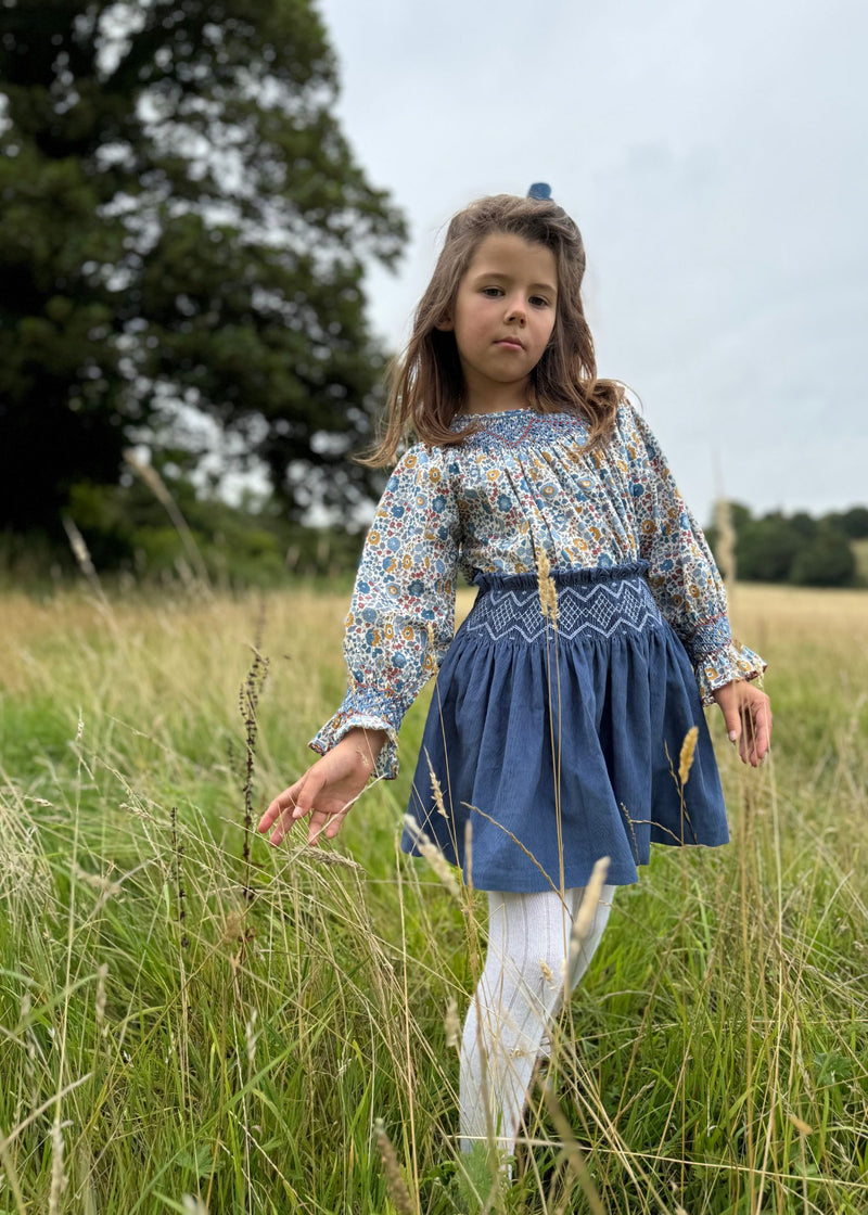 2-3 & 3-4y Annie Sullivan Skirt Cornflower Needlecord with Blue Jean Baby Hand Smocking