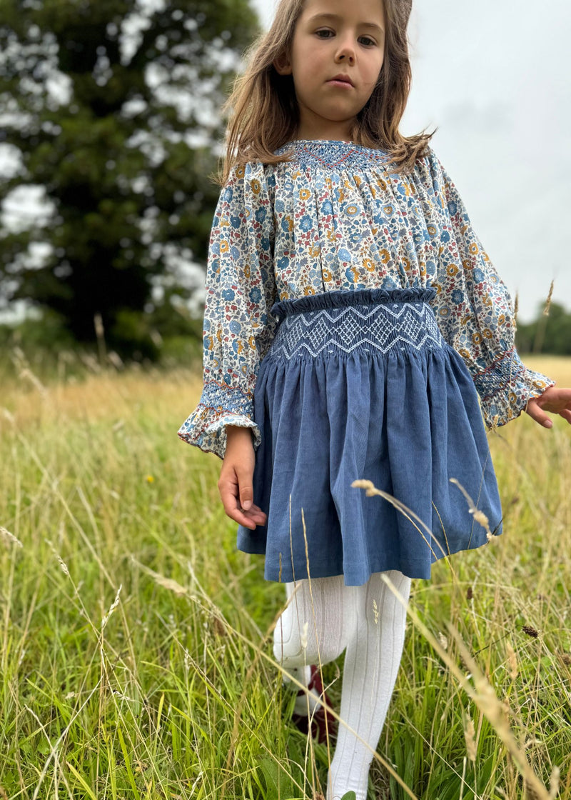 2-3 & 3-4y Annie Sullivan Skirt Cornflower Needlecord with Blue Jean Baby Hand Smocking