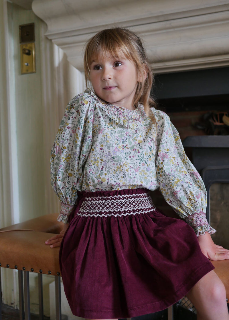 Annie Sullivan Skirt Mulberry Needlecord with Heather Haze Hand Smocking