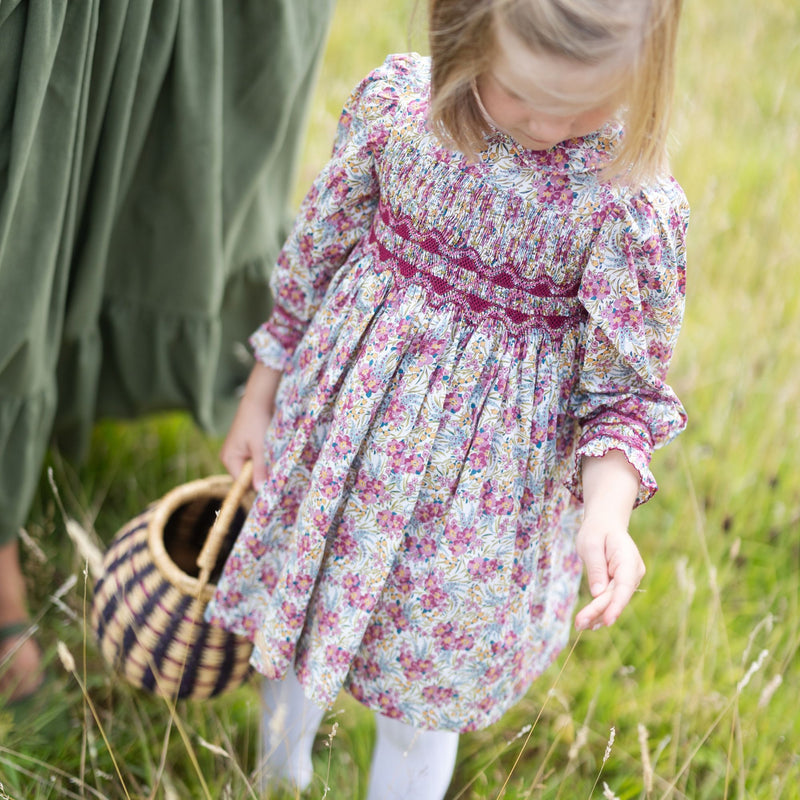 Antoinette Dress with Copper Beech Hand Smocking Made With Liberty Swirling petals