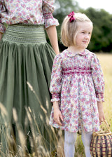 Antoinette Dress with Copper Beech Hand Smocking Made With Liberty Swirling petals