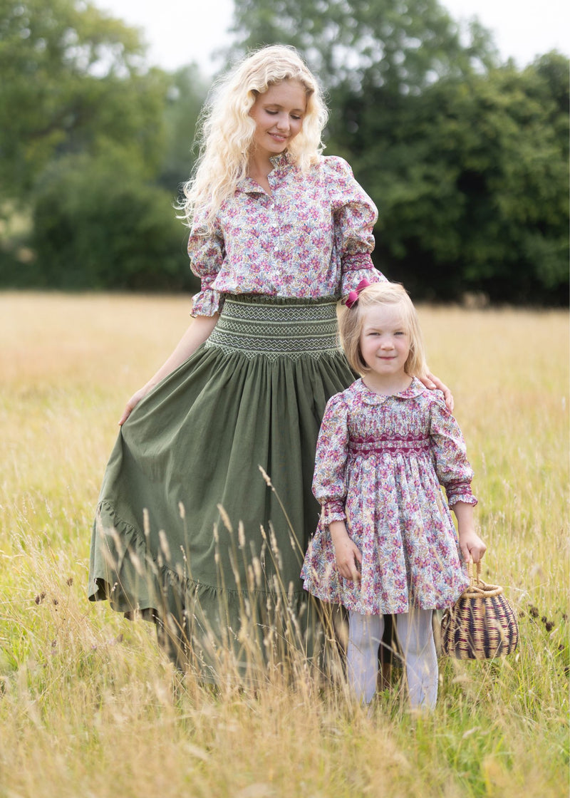 Antoinette Dress with Copper Beech Hand Smocking Made With Liberty Swirling petals