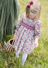 Antoinette Dress with Copper Beech Hand Smocking Made With Liberty Swirling petals