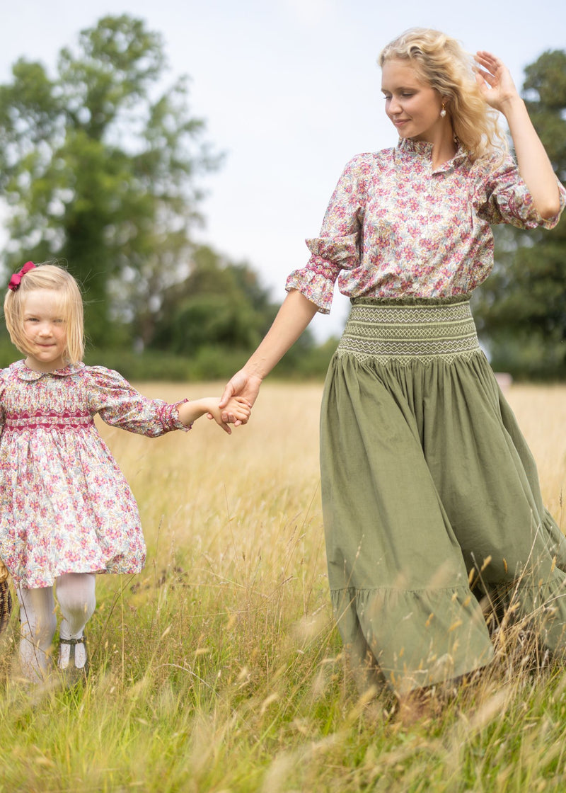 Antoinette Dress with Copper Beech Hand Smocking Made With Liberty Swirling petals