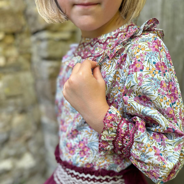 Bader Ginsberg Blouse with Copper Beech Hand Smocking made with Liberty Swirling Petals