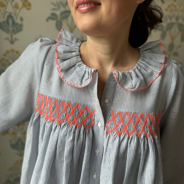 Betsy Fry Women's Blouse Fine Blue Stripes with Sour Watermelon Hand Smocking Edition 16