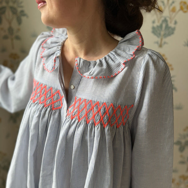 Betsy Fry Women's Blouse Fine Blue Stripes with Sour Watermelon Hand Smocking Edition 16