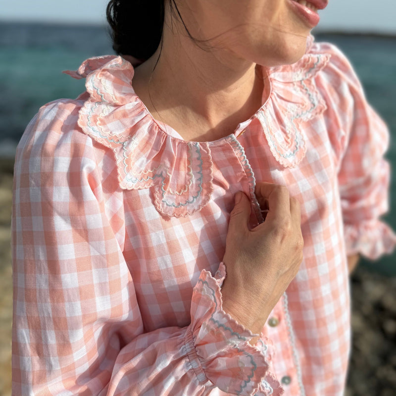 XS Bronte Blouse Peaches n Cream Gingham with Seashell Shimmer Embroidery