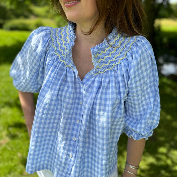 Cleopatra Blouse Forget me Not Gingham with Lemon Sherbet Hand Smocking Edition 15