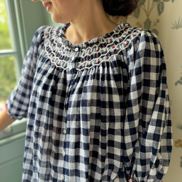 Cleopatra Blouse Navy Gingham with Red Hot Poker Hand Smocking Edition 12