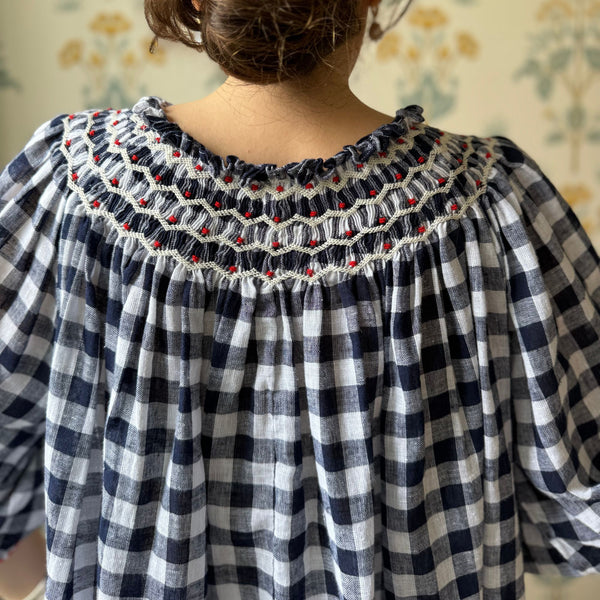 Cleopatra Blouse Navy Gingham with Red Hot Poker Hand Smocking Edition 12