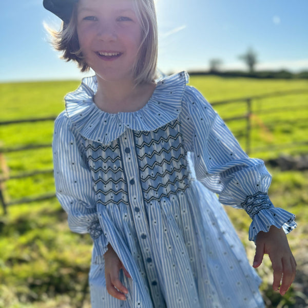 Elizabeth Blackwell Dress Embroidered Daisy with Blackberries and Cream Hand Smocking