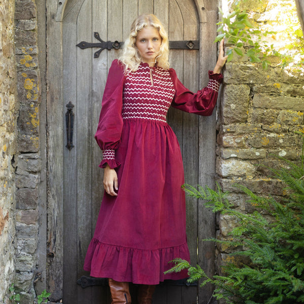 Emmeline Pankhurst Women's Dress Mulberry Needlecord With Heather Haze Hand Smocking