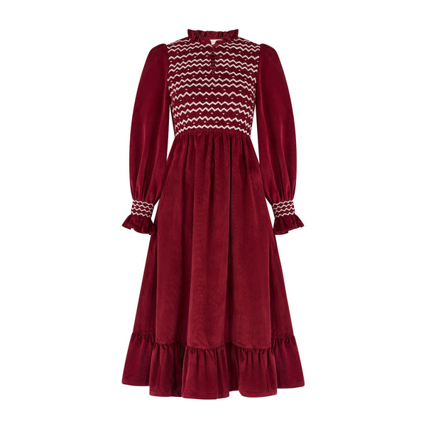 Emmeline Pankhurst Women's Dress Mulberry Needlecord With Heather Haze Hand Smocking