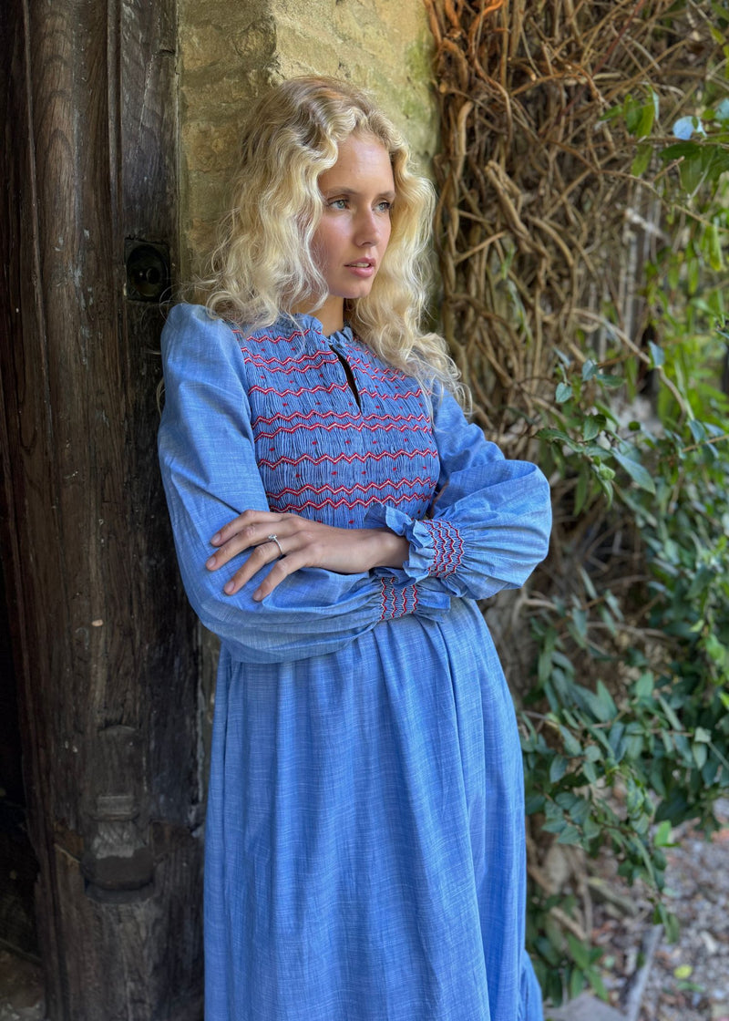 Emmeline Pankhurst Dress Chambray with Strawberries and Cream Hand Smocking