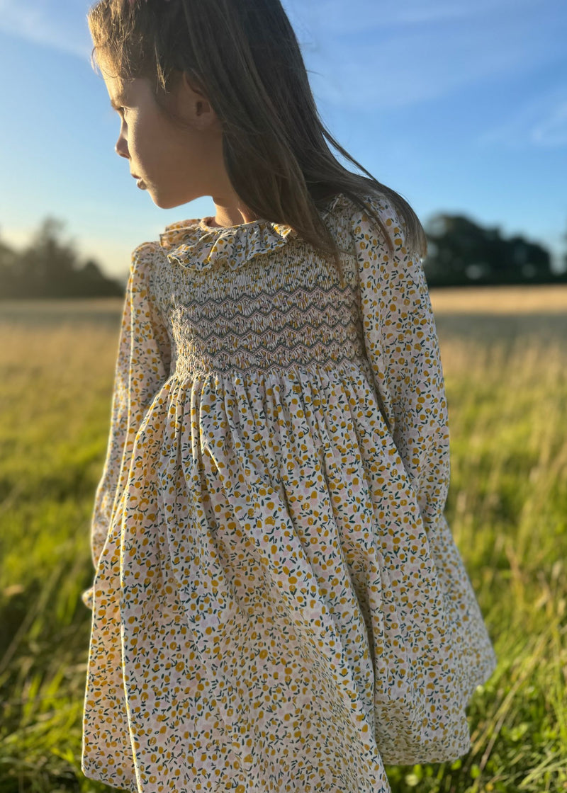 Katherine Johnson Dress Cloudberry Needlecord with Pinkberry Hand Smocking