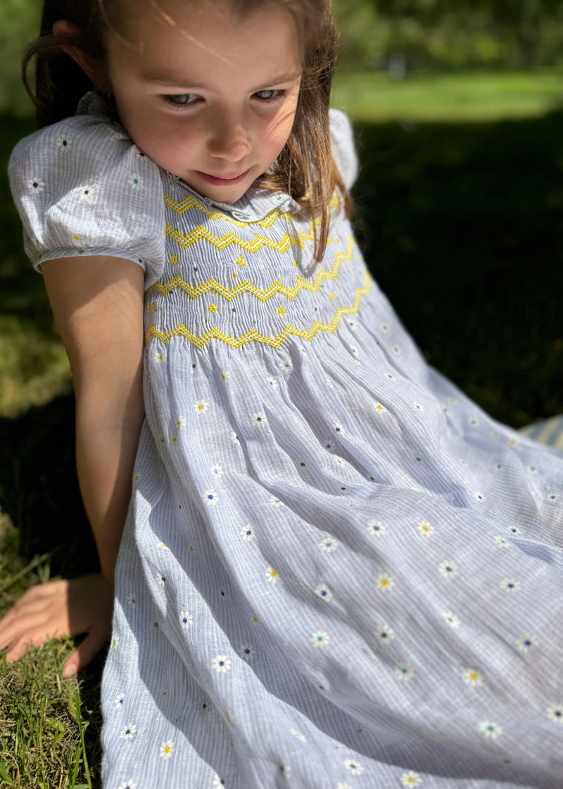Katherine Johnson Dress Daisy Stripe with Lemon Sherbet Hand Smocking