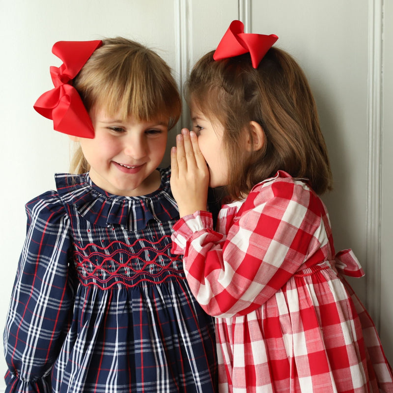 Katherine Johnson Dress Navy Tartan with Cranberry Waves Hand Smocking