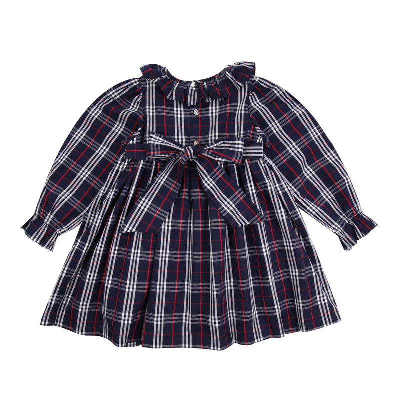 Katherine Johnson Dress Navy Tartan with Cranberry Waves Hand Smocking