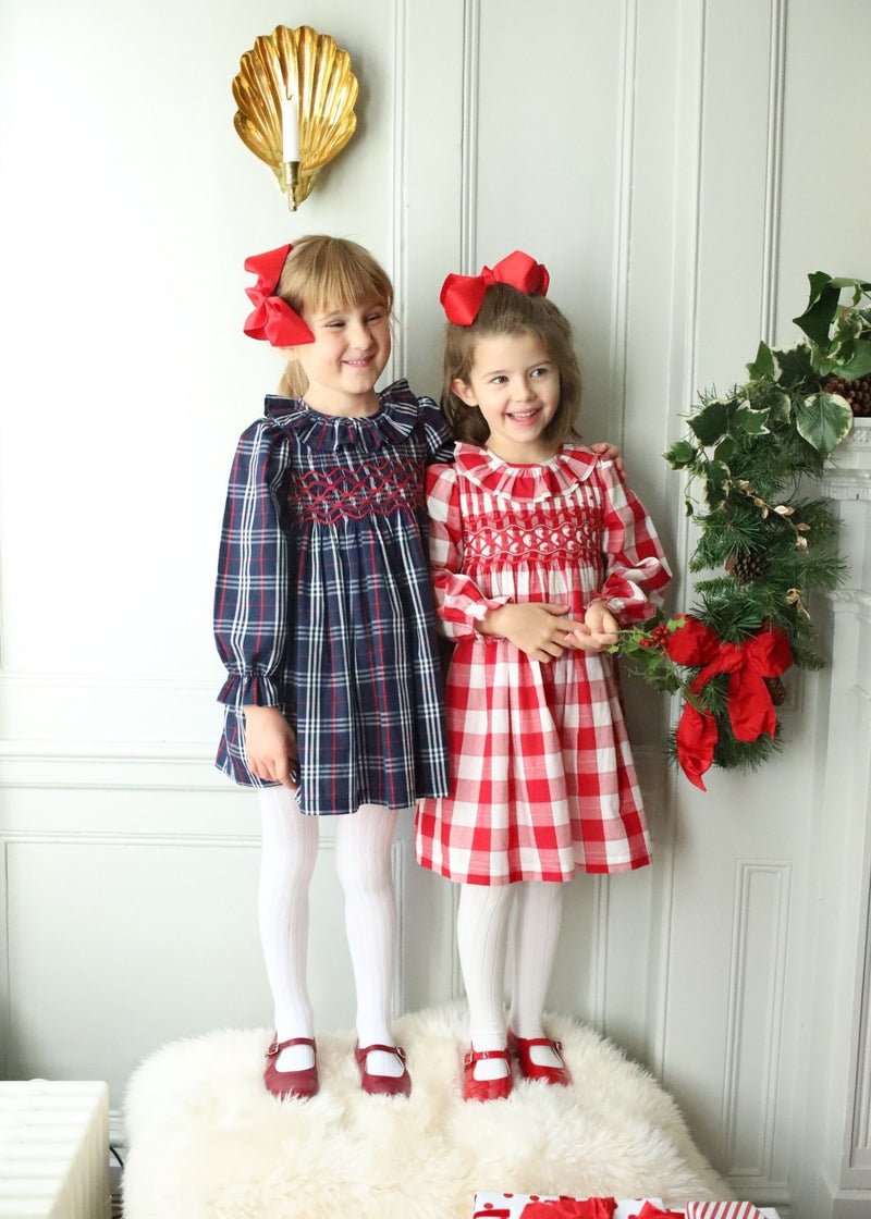 Katherine Johnson Dress Navy Tartan with Cranberry Waves Hand Smocking