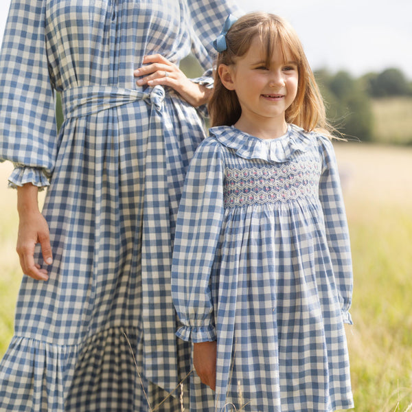 Katherine Johnson Dress Swedish Blue Herringbone with Pink Sky at Night Hand Smocking