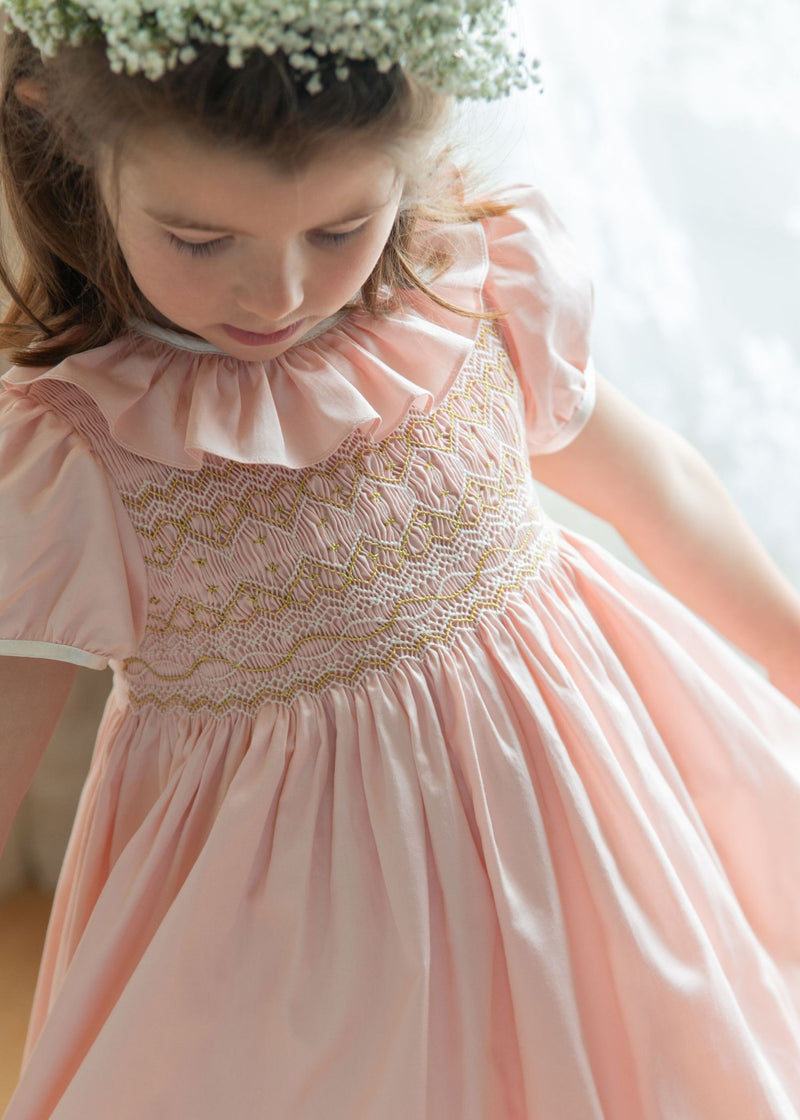 Margaret Special Occasion Dress Seashell Cotton Sateen with Gold & Pearl Hand Smocking