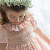 Margaret Special Occasion Dress Seashell Cotton Sateen with Gold & Pearl Hand Smocking