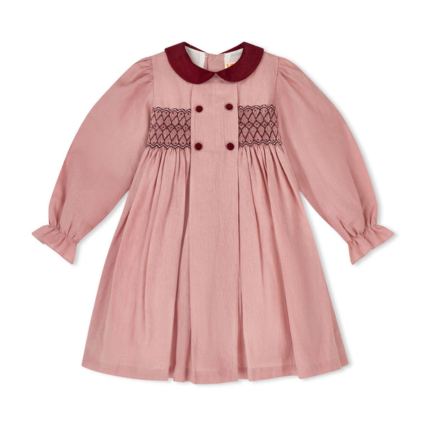 Margaret Thatcher Dress Dusty Rose Linen with Mulberry Hand Smocking