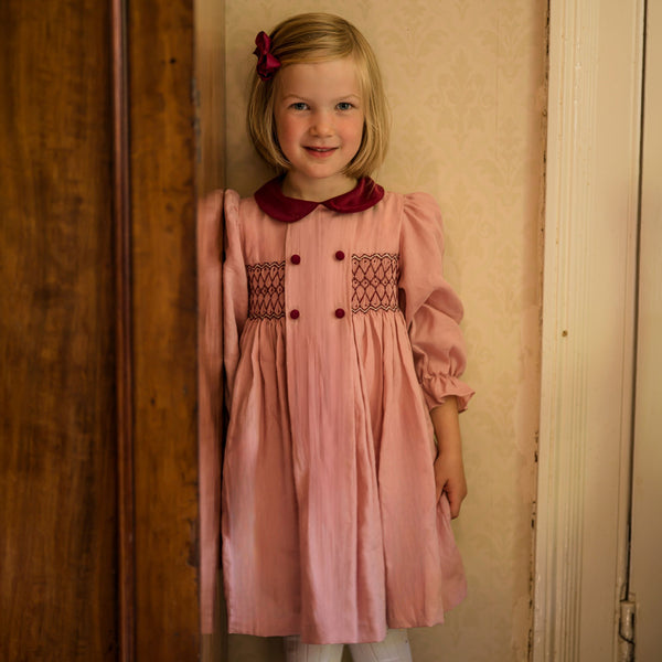 Margaret Thatcher Dress Dusty Rose Linen with Mulberry Hand Smocking