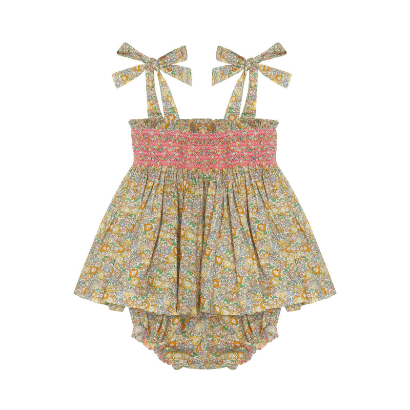 Maya Blouse and Bloomer Set with Pomelo Paradise Hand Smocking made with Liberty Michelle Yellow