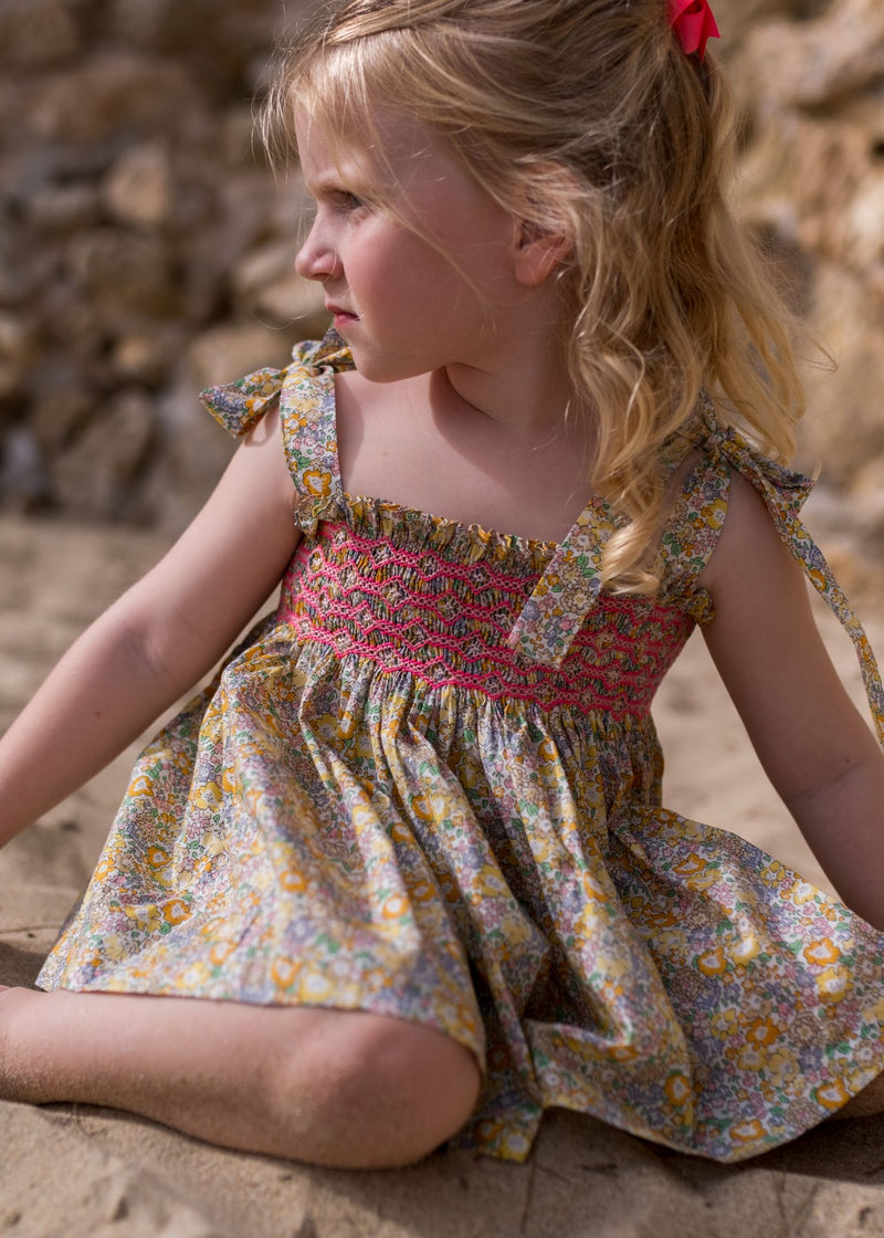 Maya Blouse and Bloomer Set with Pomelo Paradise Hand Smocking made with Liberty Michelle Yellow