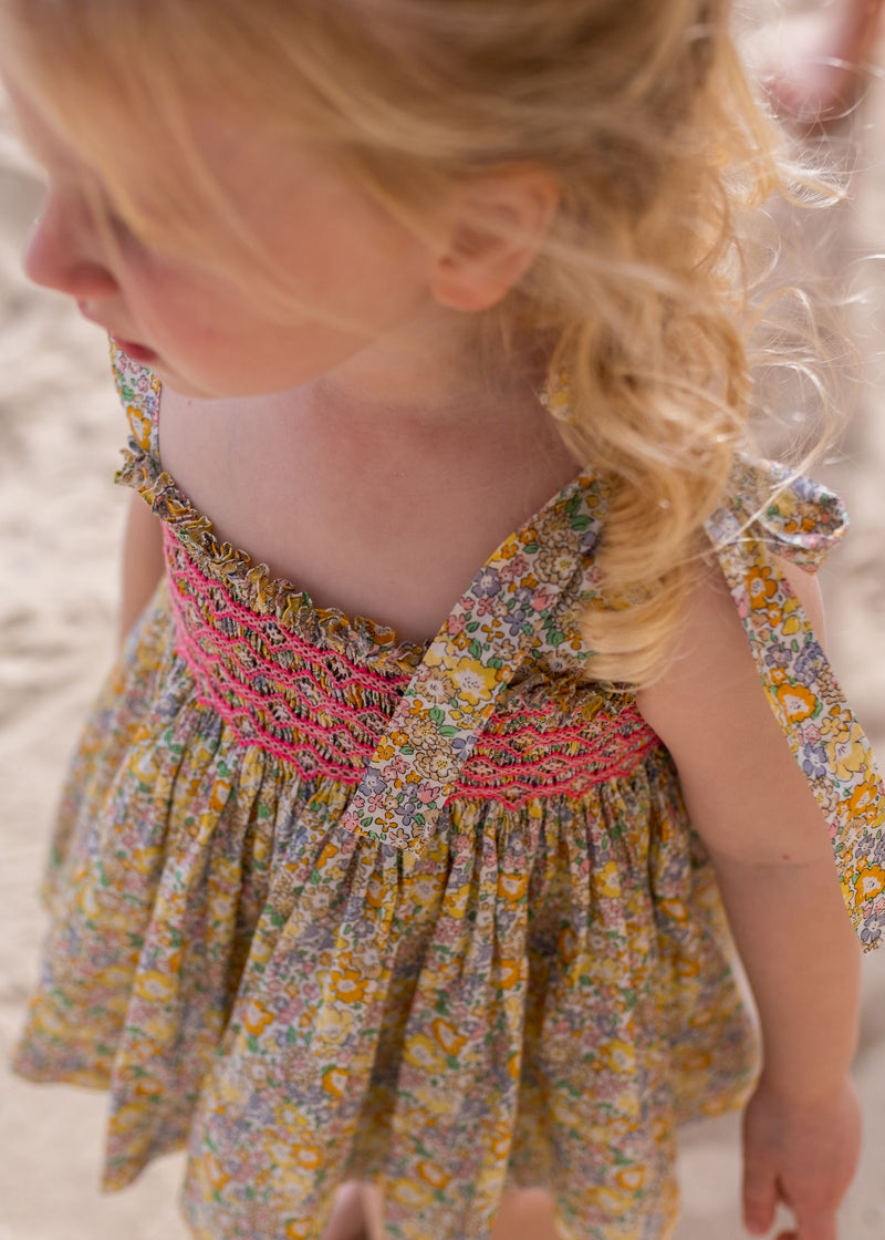 Maya Blouse and Bloomer Set with Pomelo Paradise Hand Smocking made with Liberty Michelle Yellow