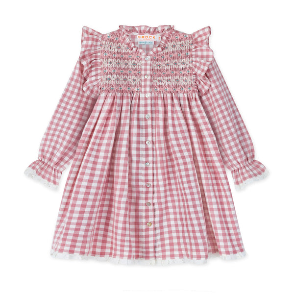 Mirabai Dress Copper Beech Gingham with Autumn Leaves Hand Smocking