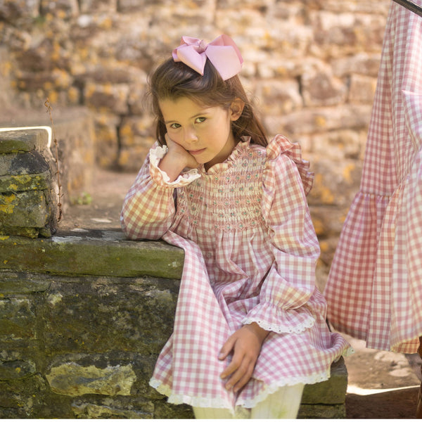 Mirabai Dress Copper Beech Gingham with Autumn Leaves Hand Smocking