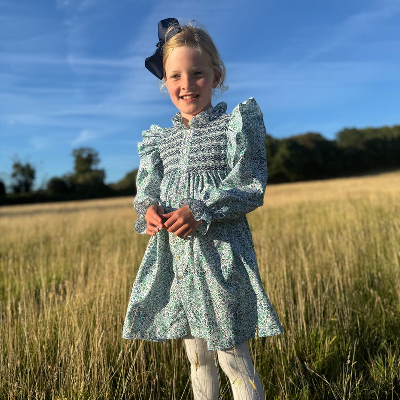 Mirabai Dress Forget Me Not Floral with Sailor Stripe Hand Smocking