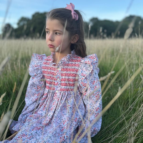 Mirabai Dress Petunia Floral with Rose White and Rose Red Hand Smocking