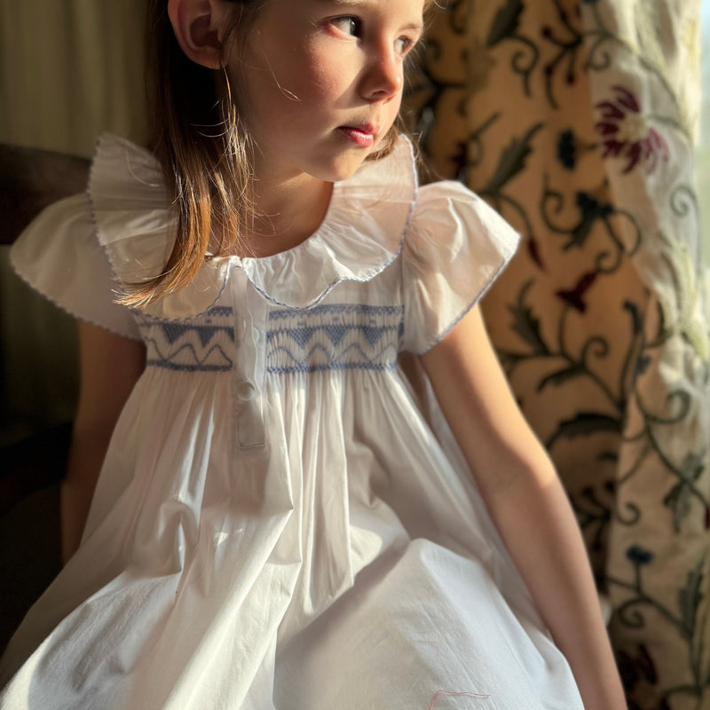 Nightingale Girls Dress Moonstone White with Cornflower Hand Smocking